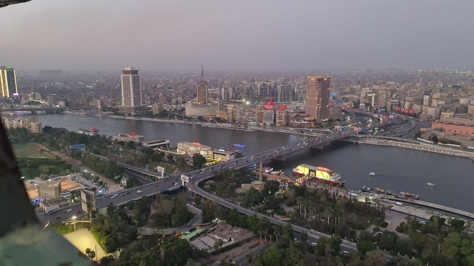 Cairo skyline at dusk over the Nile from the Cairo Tower