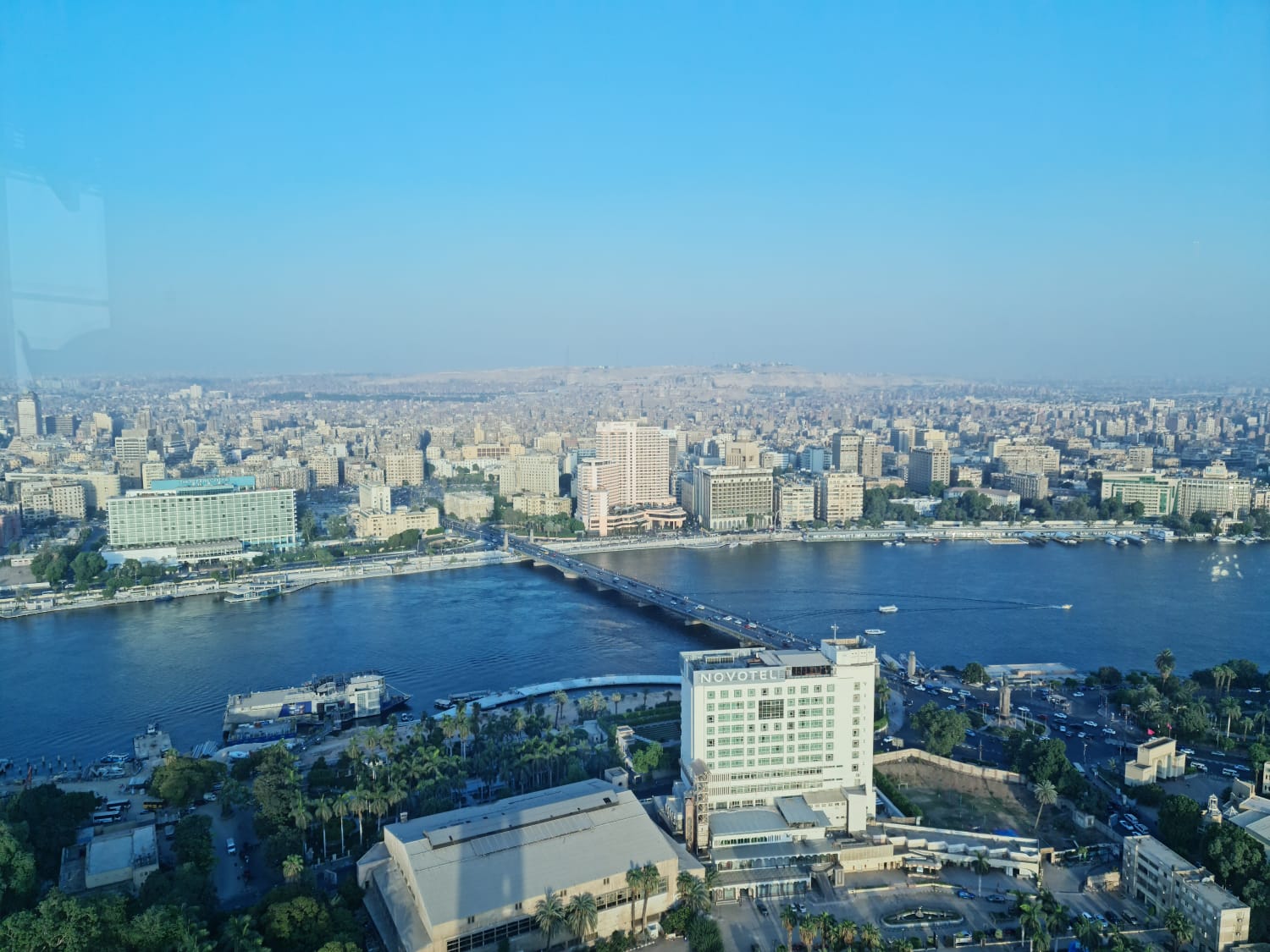Aerial view of the Nile and downtown Cairo on a clear day
